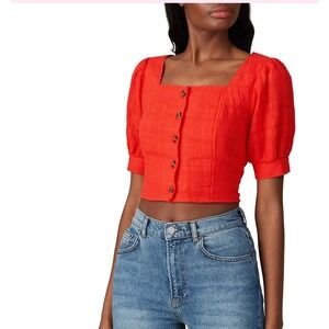 Love‎ Whit Women's Size S Red Puff Sleeve Crop Top Square Neck Button Up Blouse